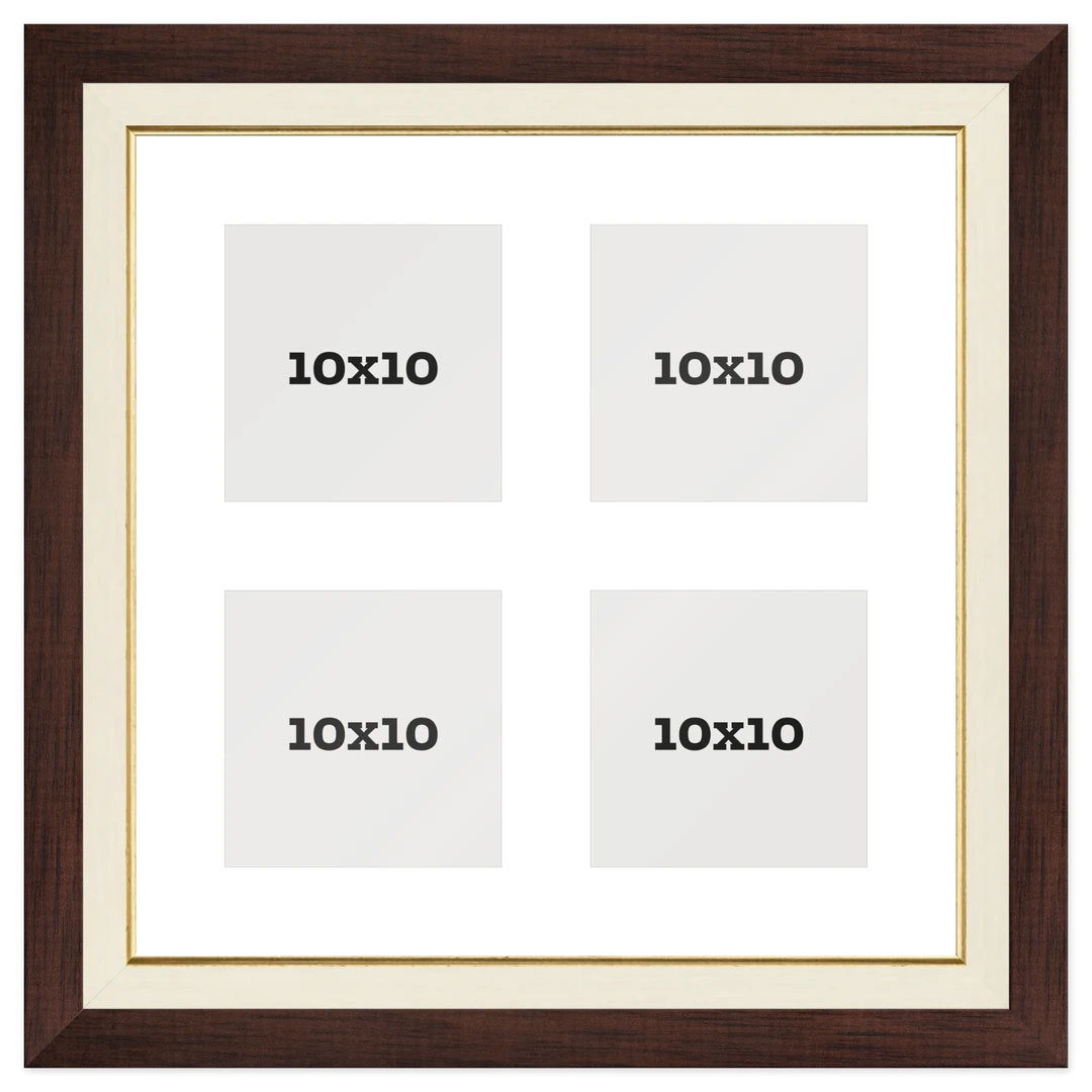 Passepartout multifoto Griglia 4 foto 10x10 Marrone Noce, passepartout Bianco e legno Beige Panna Filo Oro | FRKC0185