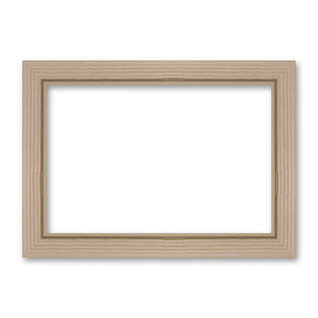 Il retro della cornice grezza: il profilo in legno naturale e la battuta pronta per vetro, opera e fondo, di traverso