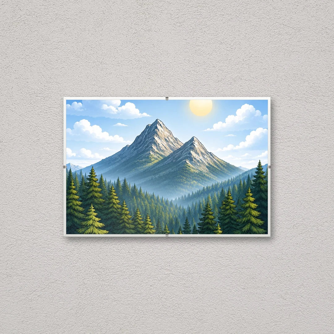 La montatura a giorno 20×30 cm a parete di traverso, con una fotografia di esempio: la stampa non è inclusa nel kit