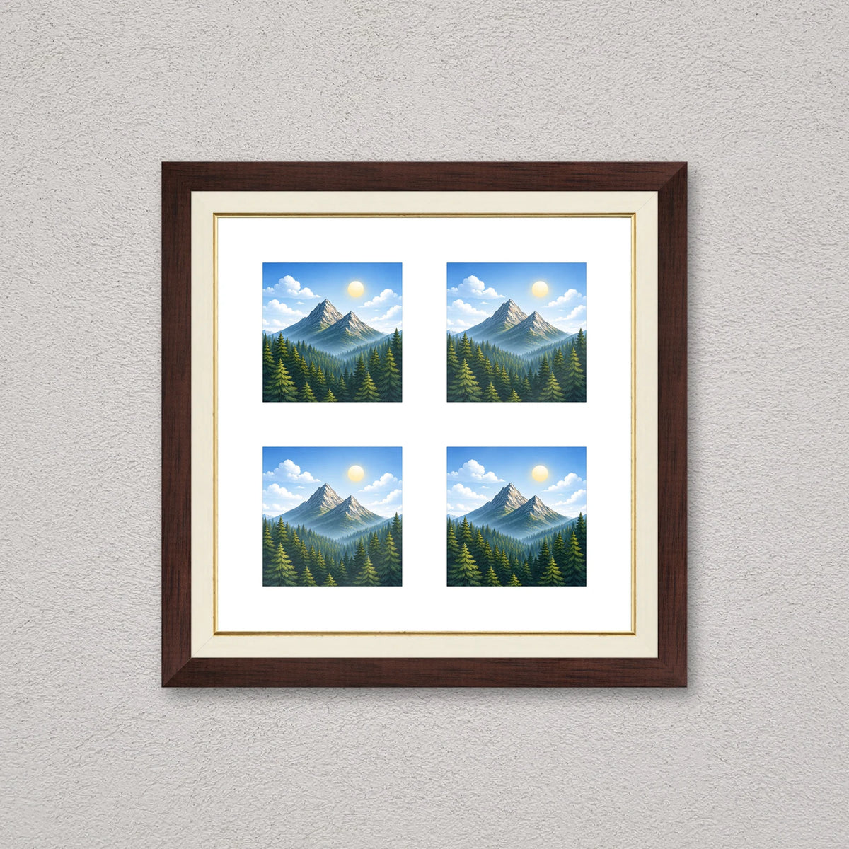 Passepartout multifoto in cornice marrone noce col passepartout in legno, appeso