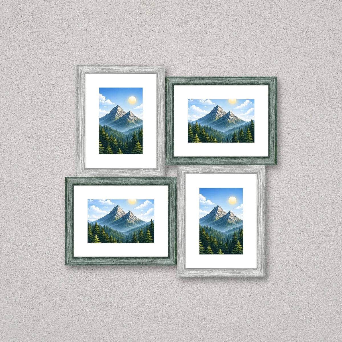 Cornice multipla Sfalsata celeste e verde appesa, con quattro foto